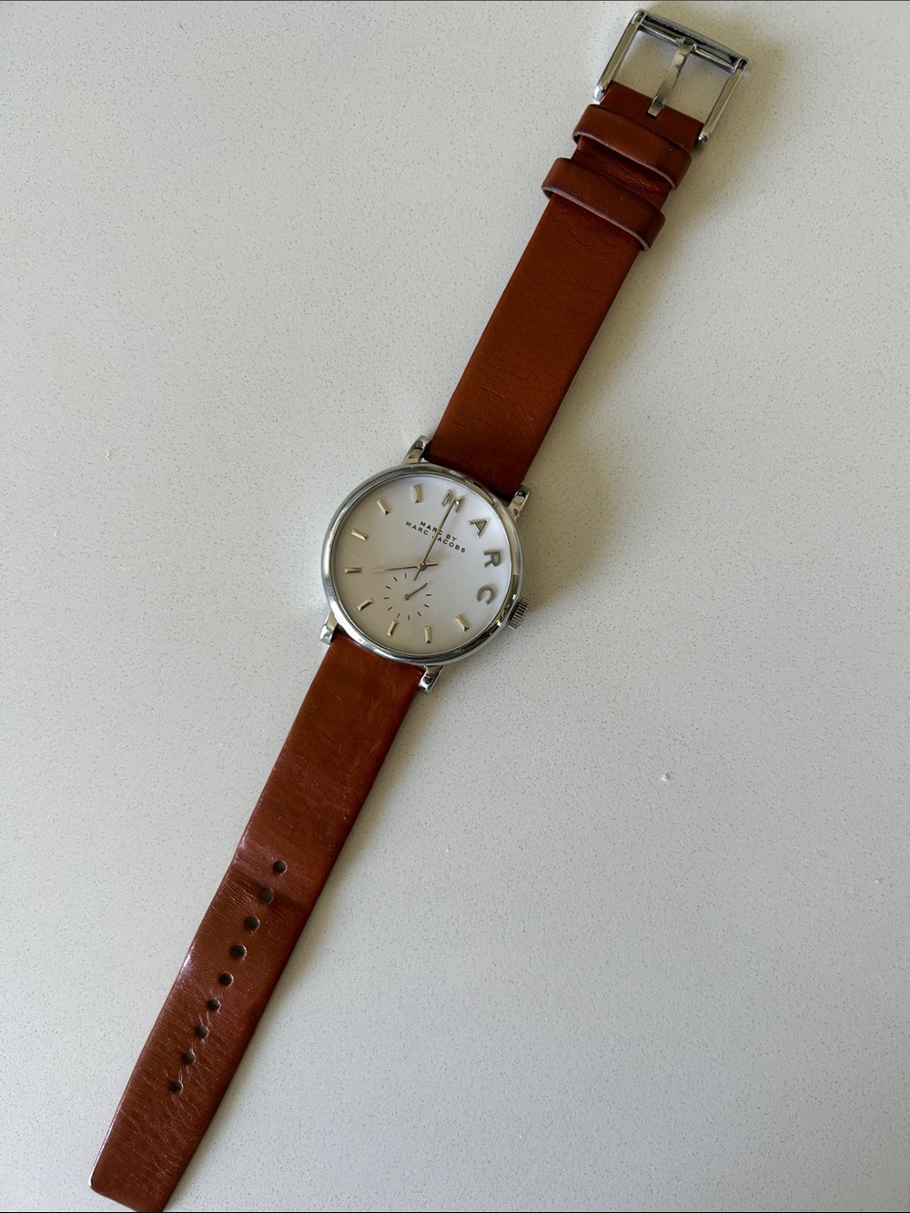 Marc Jacobs Silver Case Watch with Brown Leather Strap